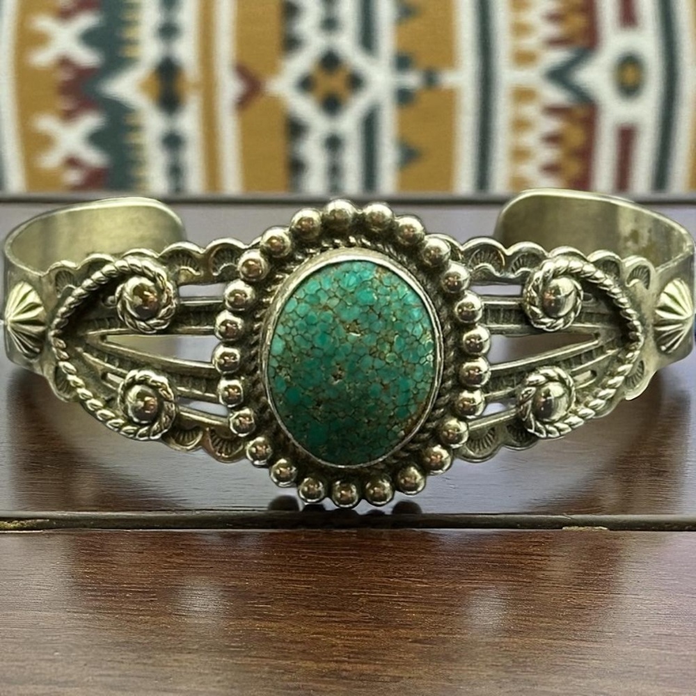 Navajo Sterling Silver Cuff Bracelet  w/Green Turquoise & Beadwork , Signed - Picture 6 of 8
